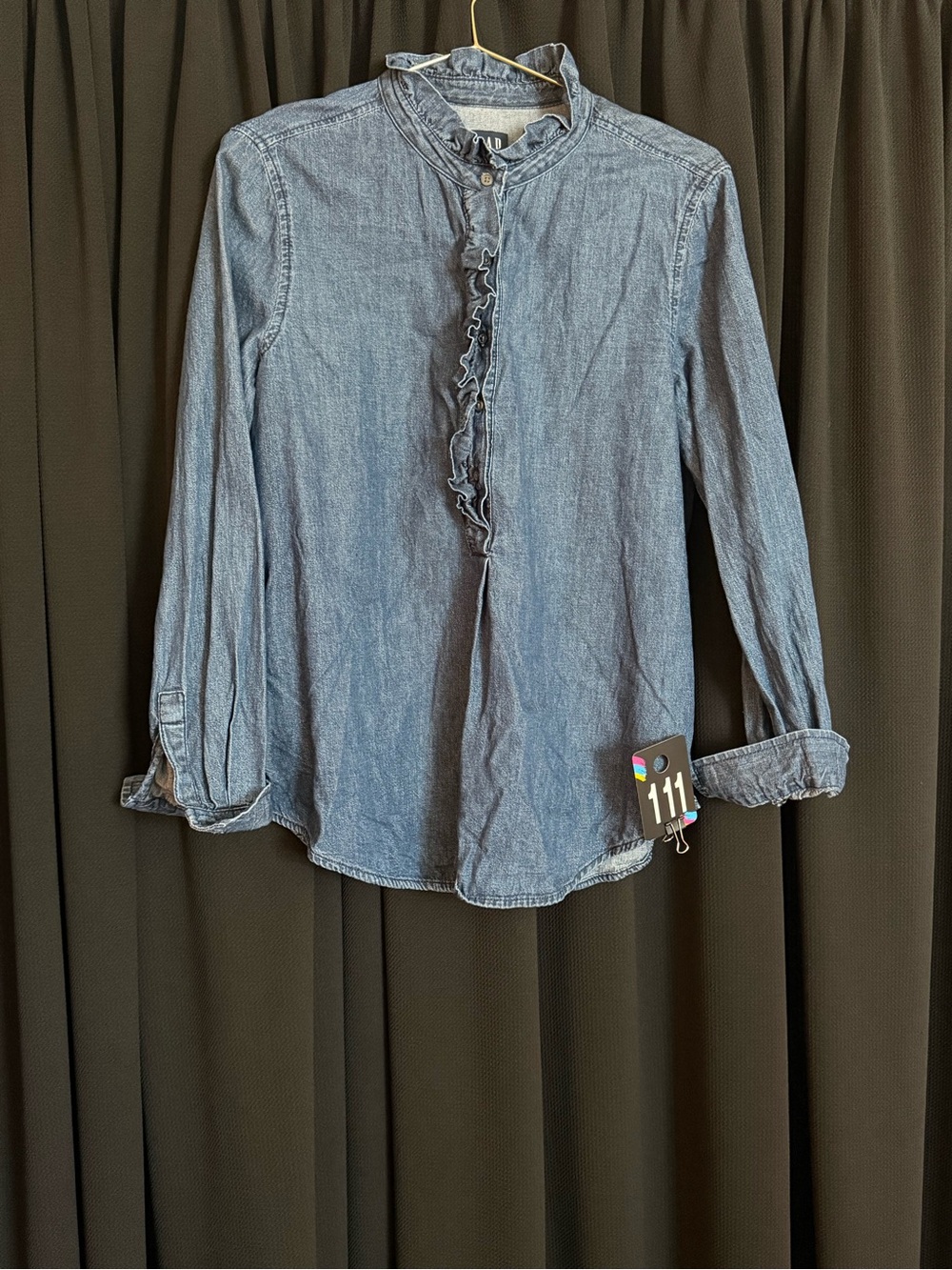 GAP Blue Chambray Ruffle-Front Button-Down Shirt